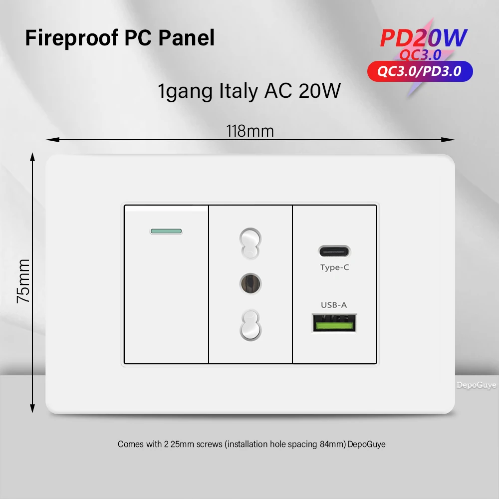 

Белая двойная розетка Italy с USB Type-C, быстрая зарядка