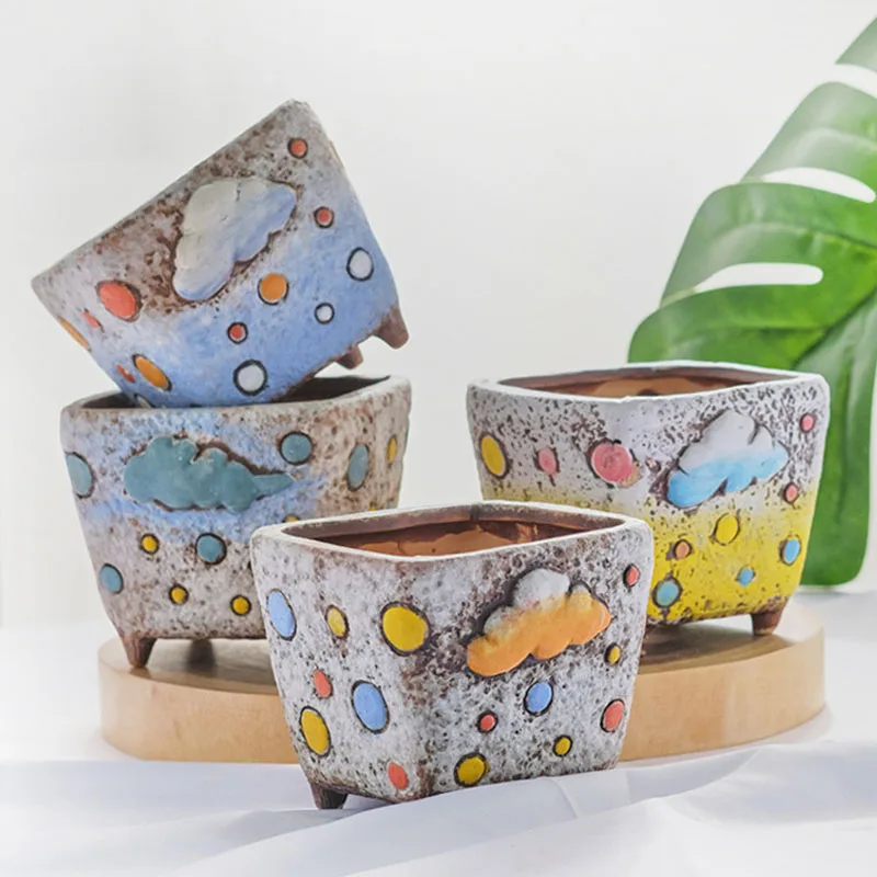 

Creative Relief Hand-painted Rainbow Clouds Succulents Ceramic Flower Pot With Feet Breathable Square Container Home Decor Pots