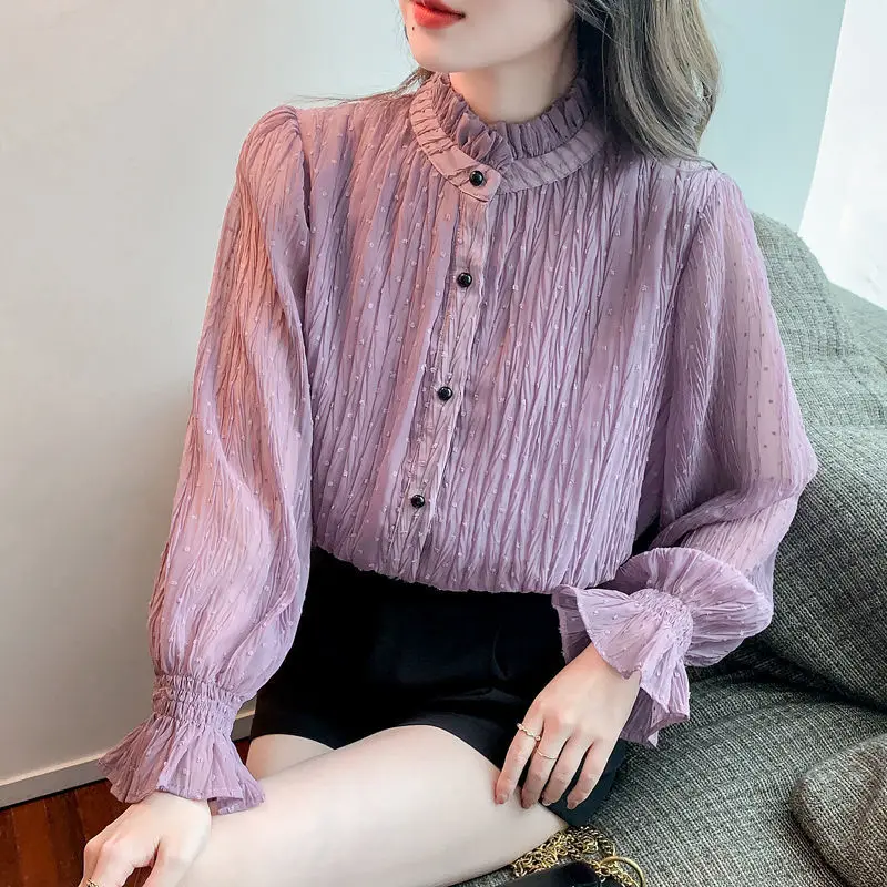 

women's chic shirts shirts long-sleeved chiffon new 2022 tops spring clothes, purple tops puff sleeve top ladies tops Button