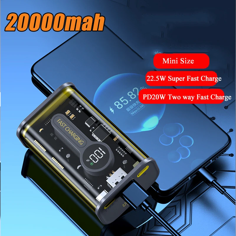 

PD22.5W Transparent 20000mAh Power Bank Fast Charging External Battery for iPhone 12 Pro Huawei Xiaomi Smartphone Mini Powerbank