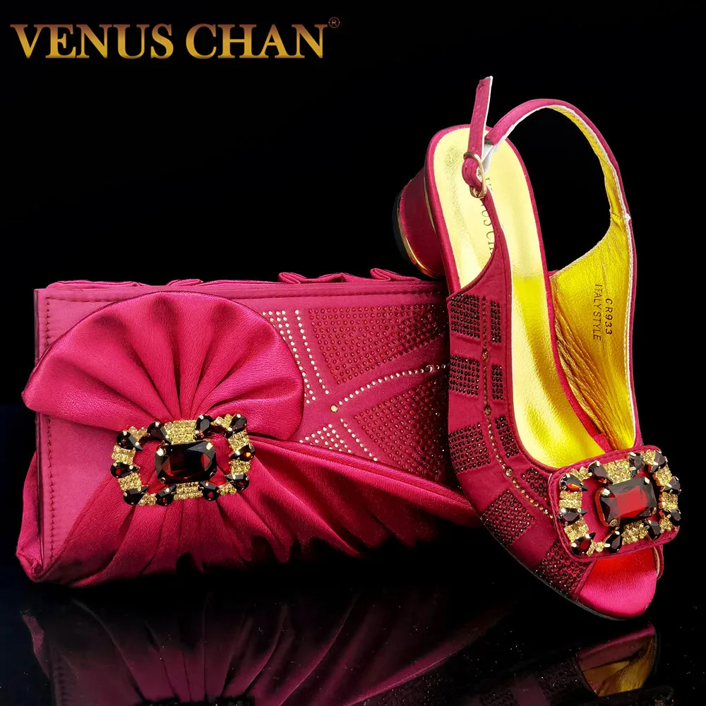 

Босоножки женские вечерние на низком каблуке, Роскошные туфли и сумочки, со стразами, винного цвета, модные сандалии для свадьбы и вечеринки...