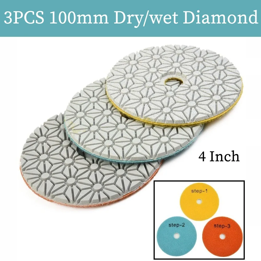 3PCS Polishing Pads 4 Inch 100mm Dry/Wet Diamond 3 Step Polishing Pads Granite Stone Concrete Marble Polishing Abrasive Tool