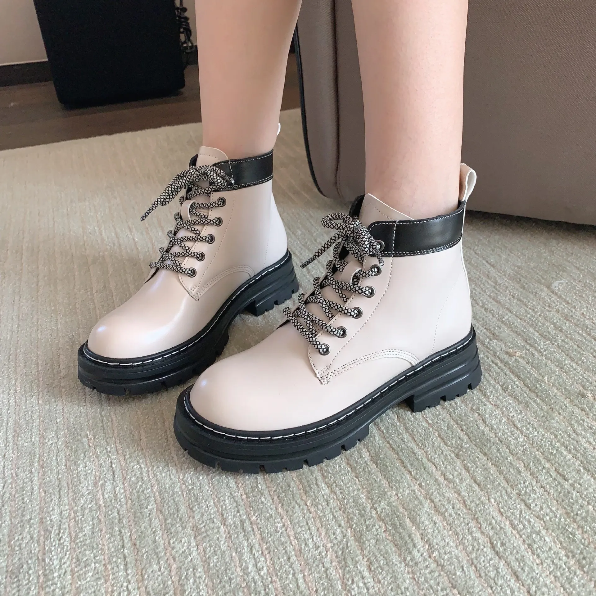

White Ankle Boots Round Toe Lace Up Winter Shoes For Women Luxury Designer Boots-Women Low Lolita 2022 Autumn Fashion Rock Ridin