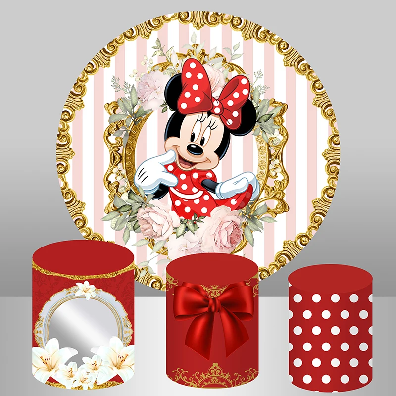 

Red Minnie Mouse Round Backdrop Cylinder Pedestal Covers Gold Frame Circle Background Elastic Birthday Party Decor table banner