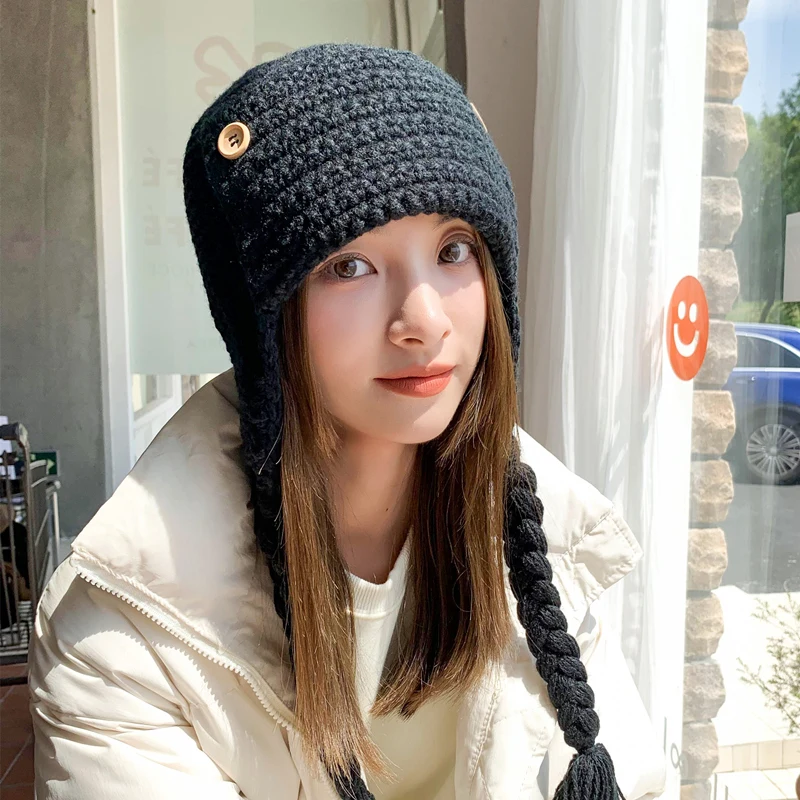 

Autumn and Winter Knitted Bomber Hat Warm Ear Protector Cute Women's Hats Japanese Casual and Versatile Handmade Beanies