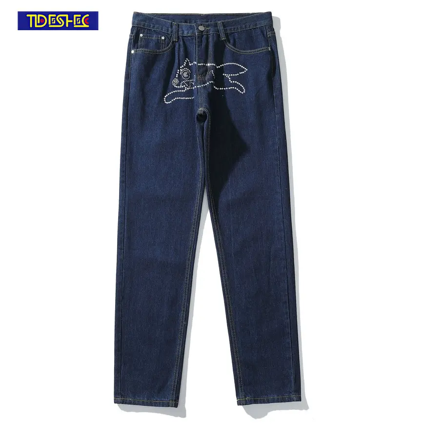 

Hip Hop Punk Style Harajuku Fashion Hot Drilling Printing Jeans Men Loose Washed Denim Straight Leg Pants Vintage Street Pants