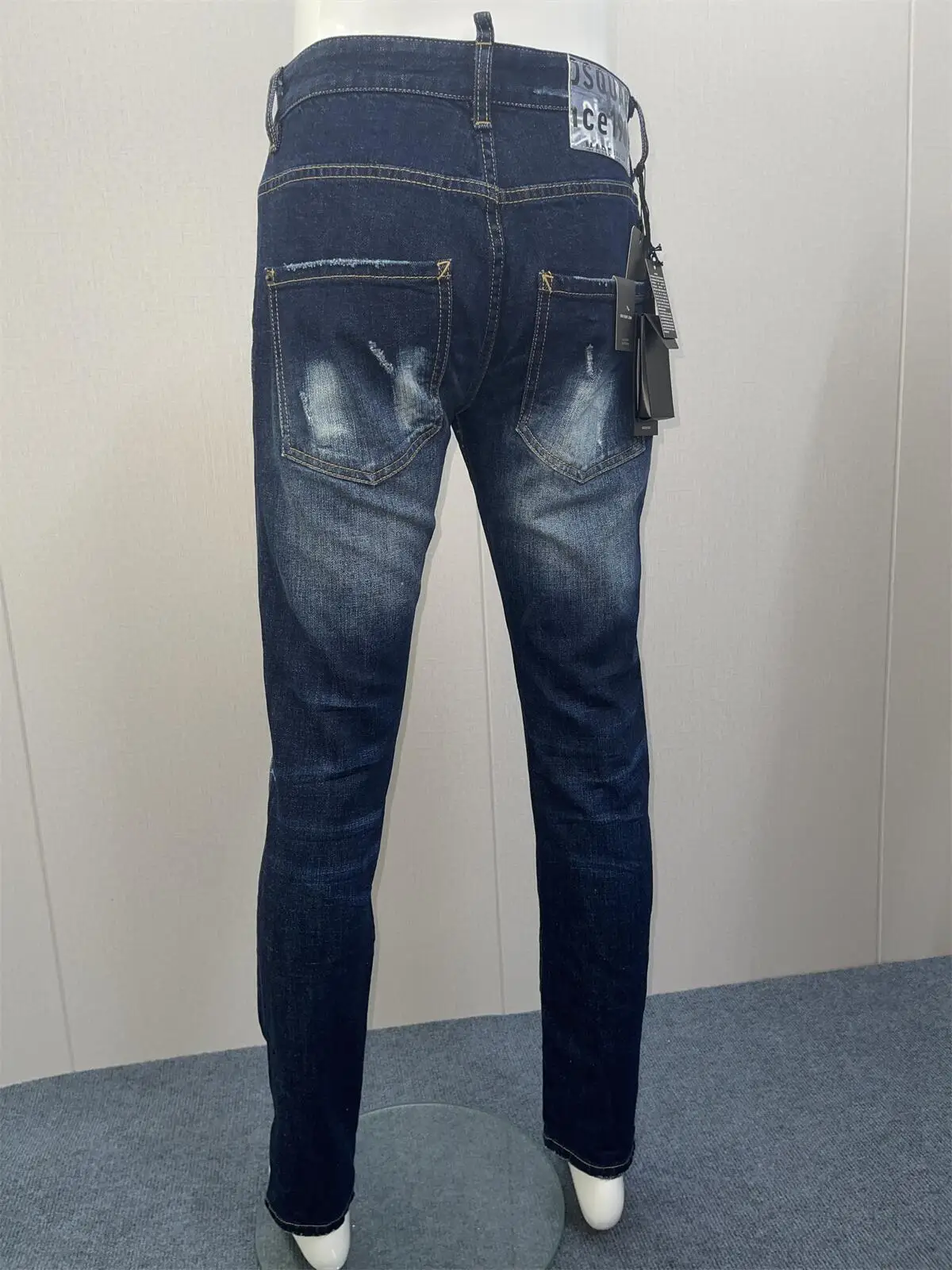 Spring and Summer New Fashion Men's Washed Denim Pants with Worn Hole Patches and Paint 3D Cutting Small Feet Deep Blue Jeans