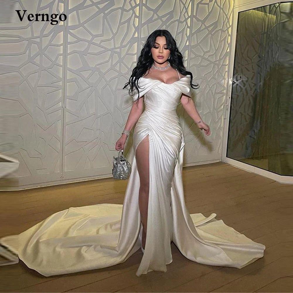 

Verngo White Off the Shoulder Mermaid Long Evening Dresses Off the Shoulder Draped Slit Attachable Train Formal Prom Gown