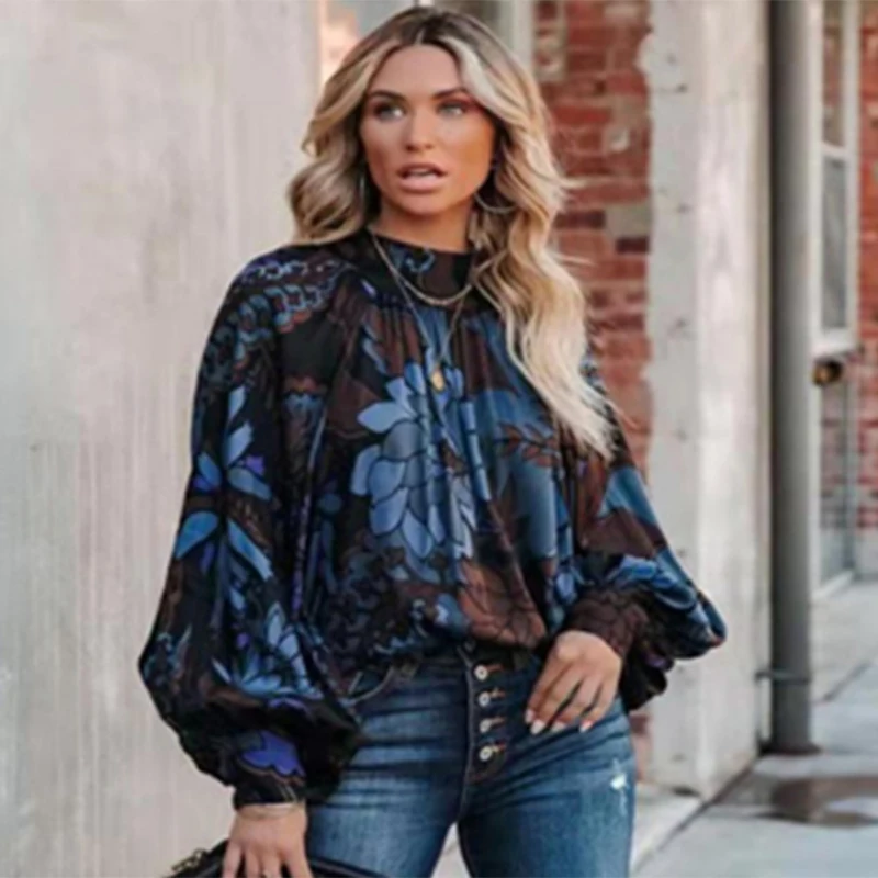 

Lantern Sleeve Vintage Print Chiffon Shirt Woman O Neck Floral Women's Blouse Fashion Tops Casual Blouse Fashion Clothing 24258