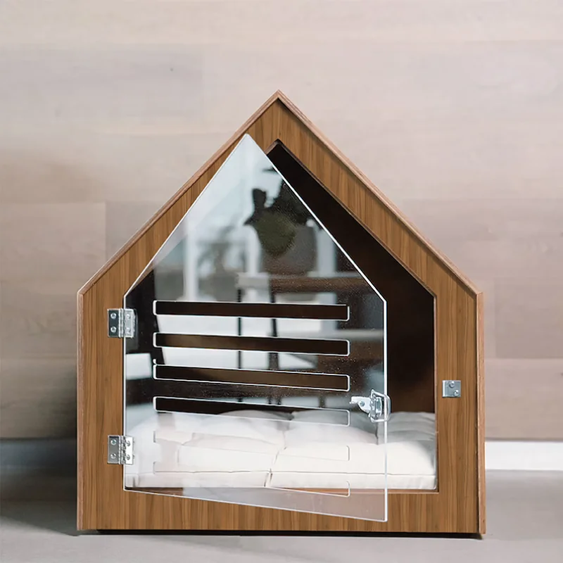 

custom Modern dog and cat house with acrylic door Stained Wood Dog kennel crate furniture Indoor Dog House