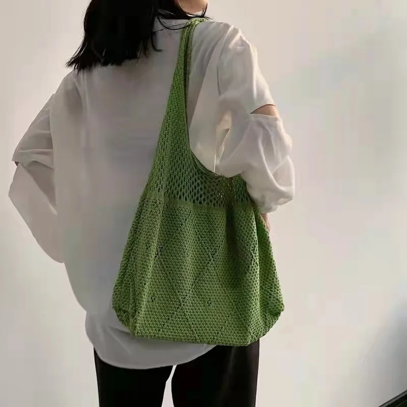 

Handmade Knitted Tote Crochet Bag Minimalist Small Bags Lady Retro Chic Handbag Fashion Braid Hollow Top-handle Shopper Sac Bags