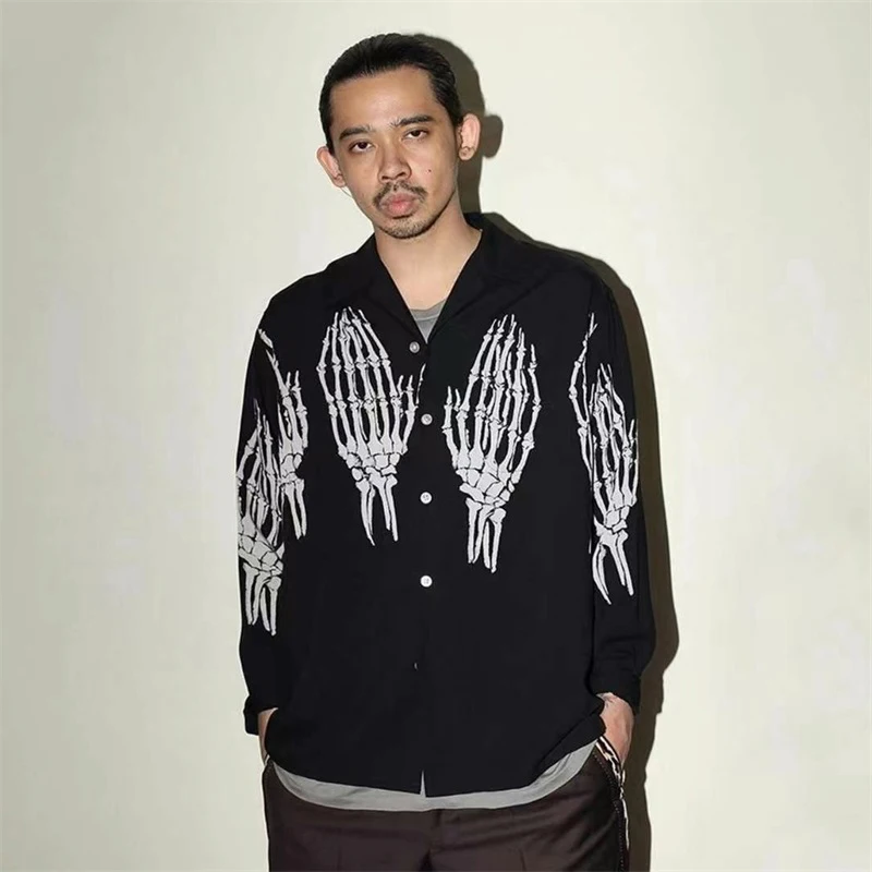 Wacko Maria Long Sleeve Shirt Streetwear Skull Hand Print Men Women 1:1 WACKO MARIA Cotton Hawaiian Shirt