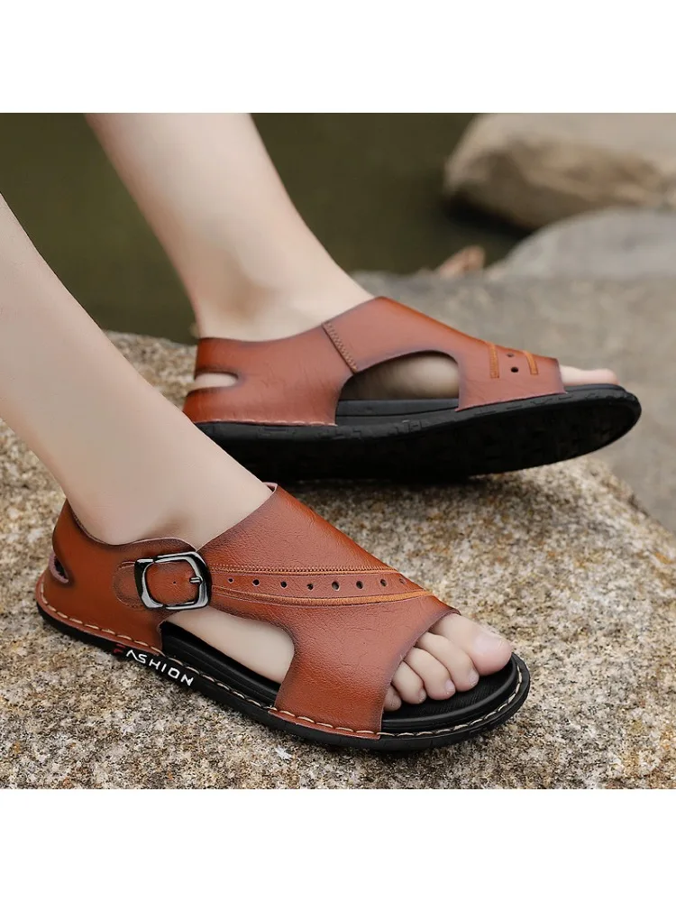 Мужские сандалии из натуральной кожи Классические дышащие с перфорацией в