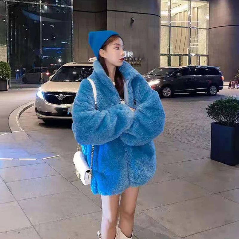 autumn/winter faux fur coat women fashion warmth soft plus velvet thick zipper lamb fur coat fluffy comfortable loose coat women