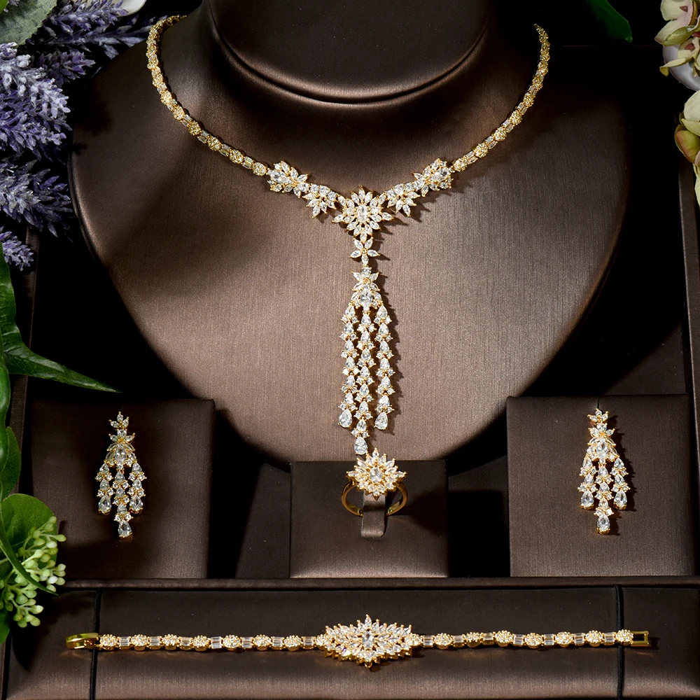 Fashion Elegant Flower Design Long Tassel Big Pendientes Cubic Zirconia Necklace Sets Gold Color African Jewelry Set N-1552