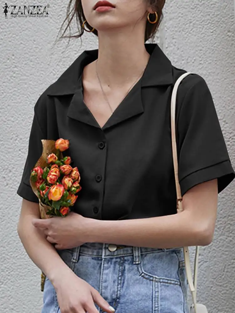 

Модные элегантные женские рубашки ZANZEA, Однотонная рубашка, летняя винтажная женская блузка с отворотом и коротким рукавом, свободные офисн...