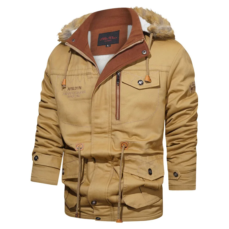 2022 Men's Winter Thick Warm Cargo Jacket Casual Fleece Hooded Windproof Parka Male Solid Multi Pocket Jacket Plus Size 4XL 5XL