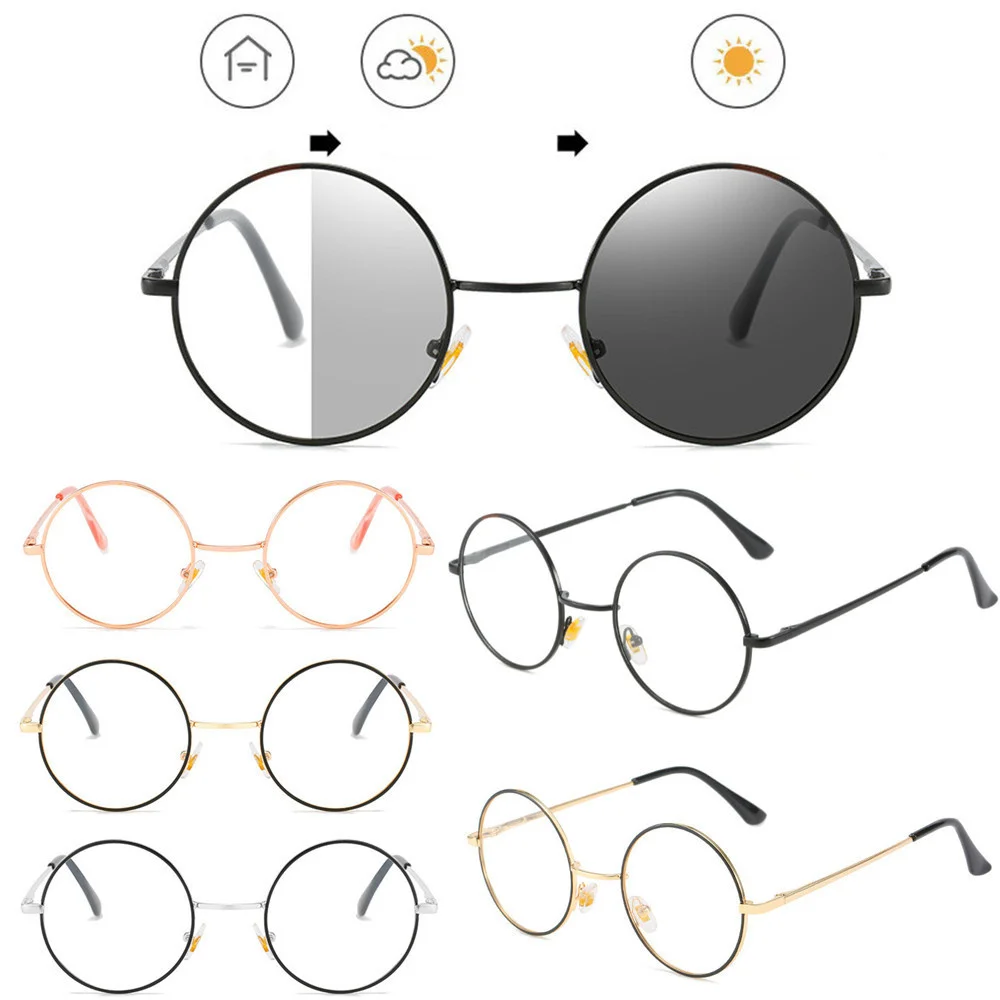 

KLASSNUM Retro Blue Light Blocking Glasses UV Protection Photochromic Sunglasses Men Women Round Frame Metal Flat Mirror Eyewear
