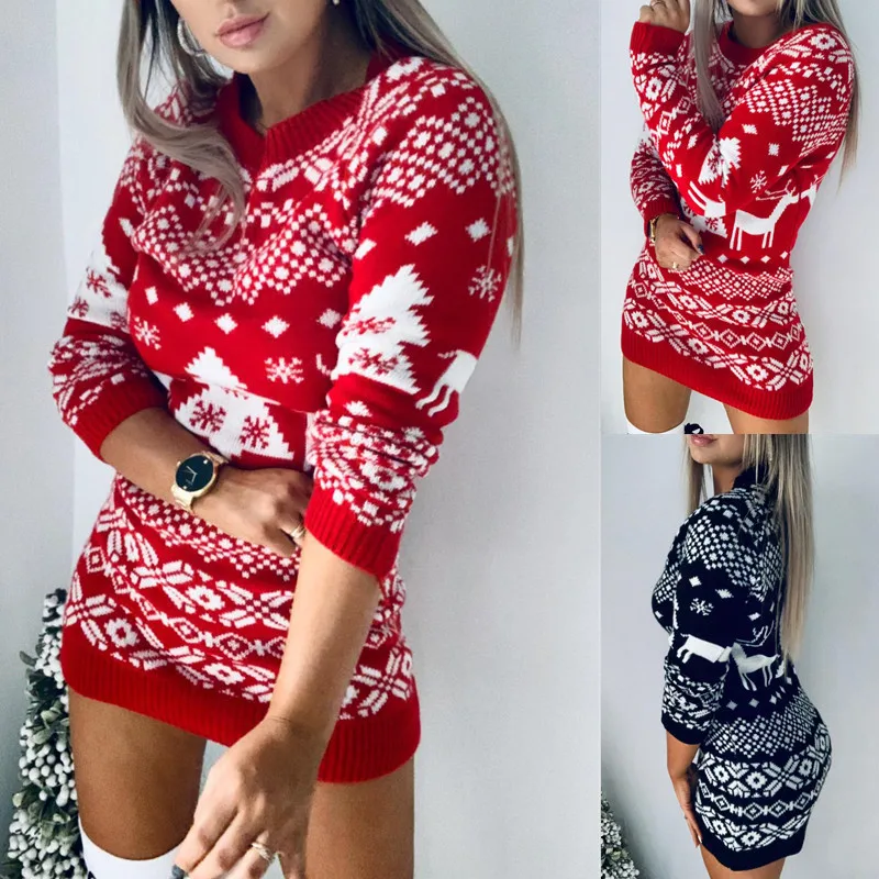 

2023 Autumn/Winter New Knitted Sweater Women's Versatile Christmas Theme Knitted Long Sleeve Dress