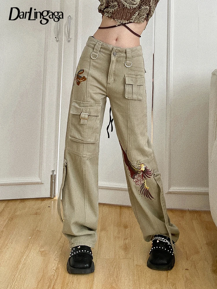 

Darlingaga Vintage Y2K Streetwear Embroidery Cargo Pants Low Waist Jeans Female Coquette Clothes Buckle Denim Trousers Fairycore
