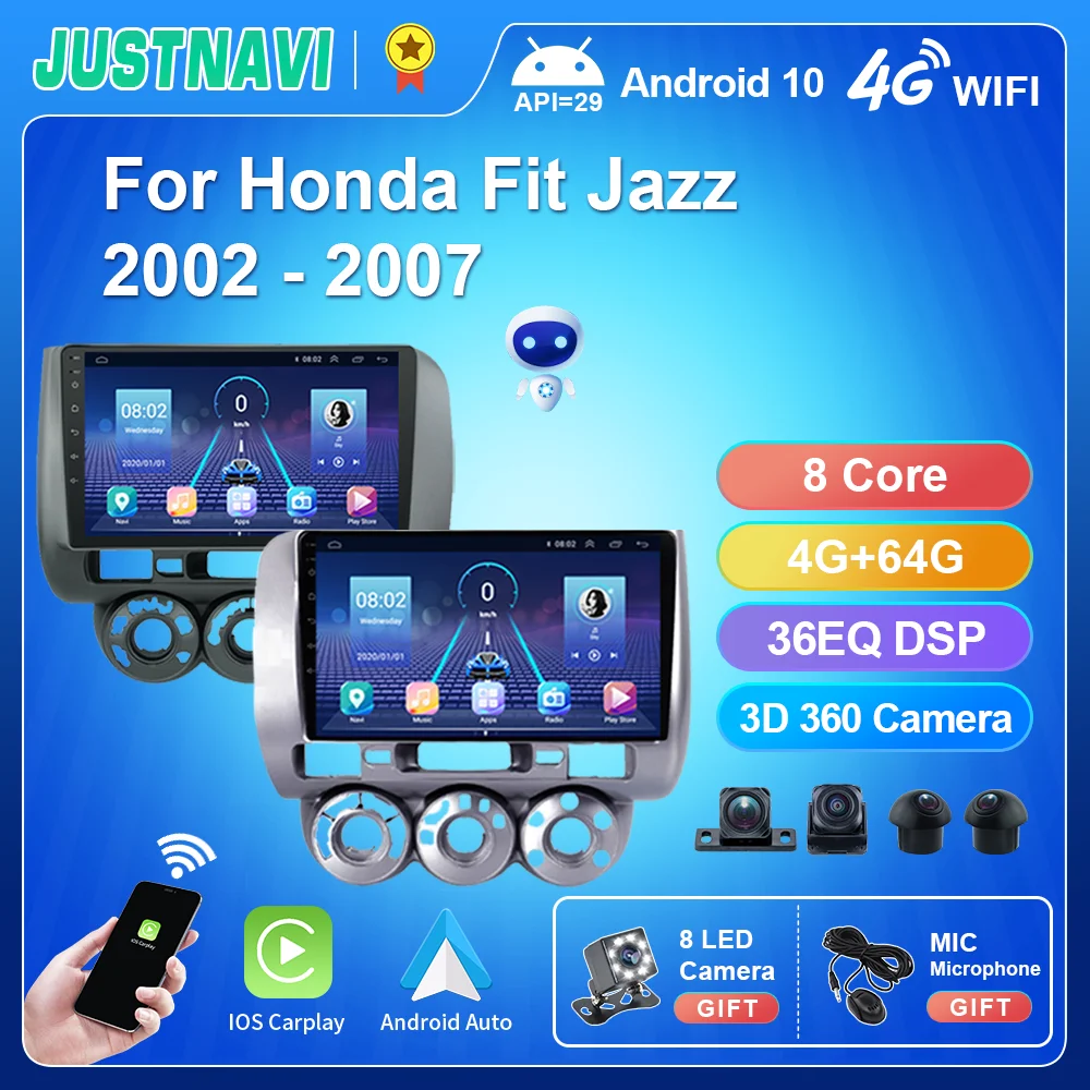 

JUSTNAVI For Honda Jazz Fit City 2002-2007 Car Radio Stereo Multimedia Player GPS Navigator Android 10.0 DSP Carplay No 2din DVD