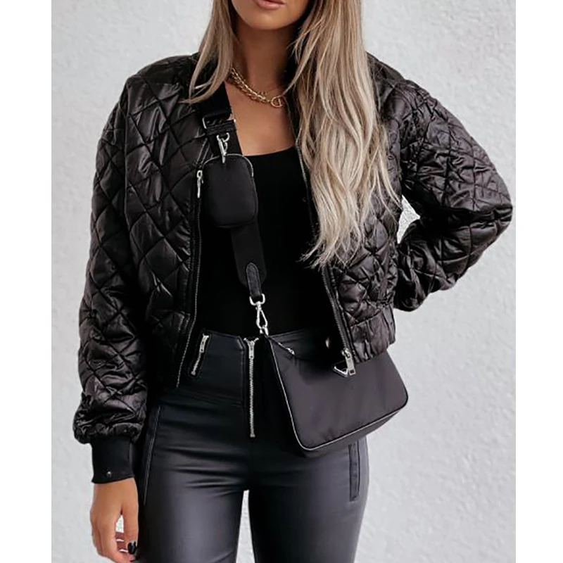Winter Parkas Coat Women's Fashion Solid Color Cardigan Zipper Coat Women's Casual Long Sleeve Stand Collar Short Parkas Jacket