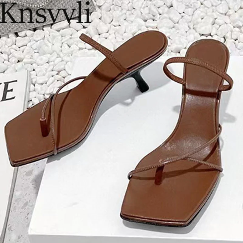 

Summer Kitten Heels Slippers Women Square Peep Toe Mules Genuine Leather Flip Flops Slides Runway Shoes High Heel Slippers Woman