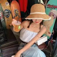 summer women bucket cap ladies pearl crochet straw hats foldable seaside beach caps big brim outdoor uv protection sun hats