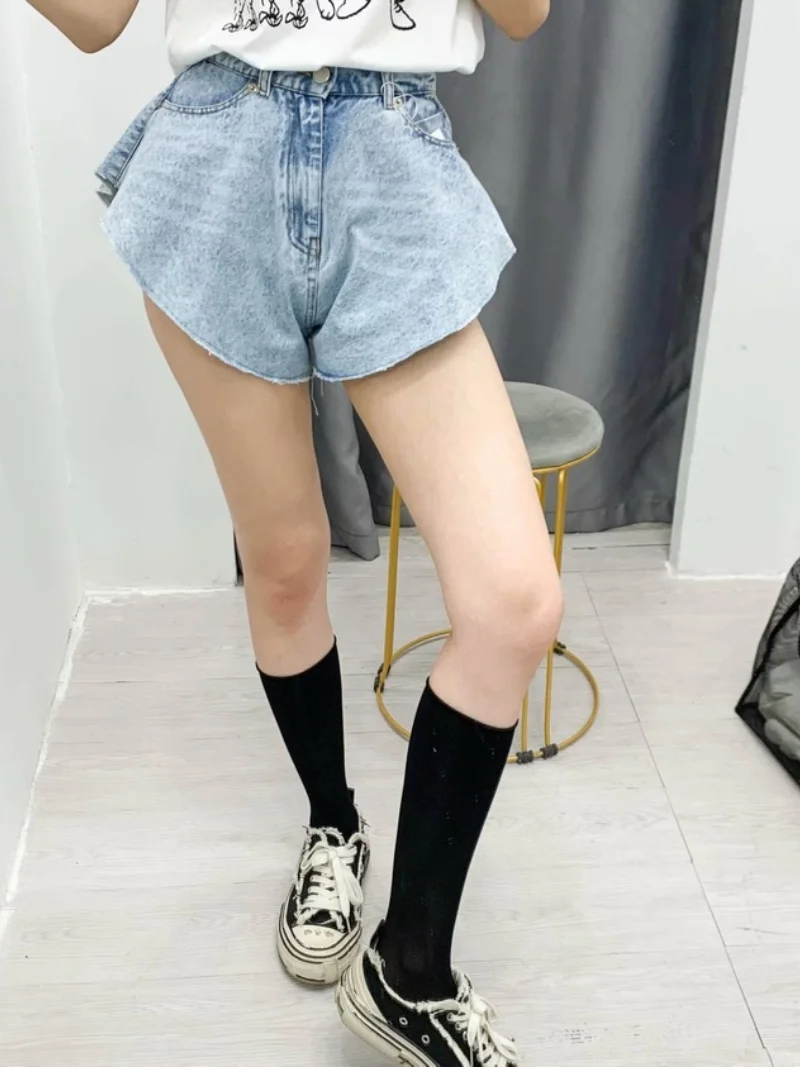 2021 Summer Casual Blue Denim Shorts Skirts High Waist Ruffle Hem All-Match Loose Ruched Shorts Female New Fashion Clothing Tide