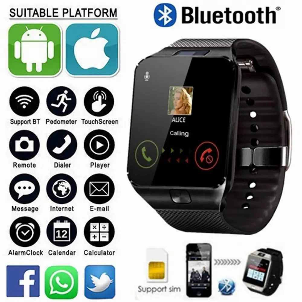 

DZ09 Smart Watch Bluetooth-compatible Smart Bracelet Support TF SIM Camera Subwoofer HD Touch Smartwatch Fitness Tracker Women