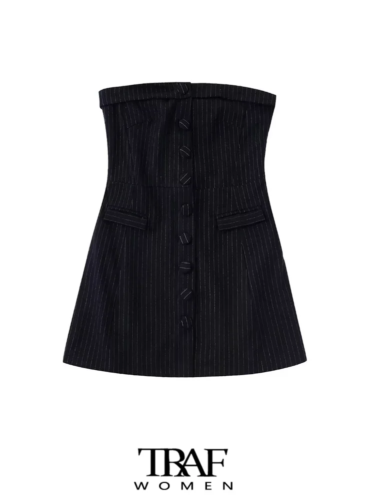 

TRAF Women Fashion Front Button Striped Strapless Mini Dress Vintage Straight Neck Backless Zipper Female Dresses Mujer