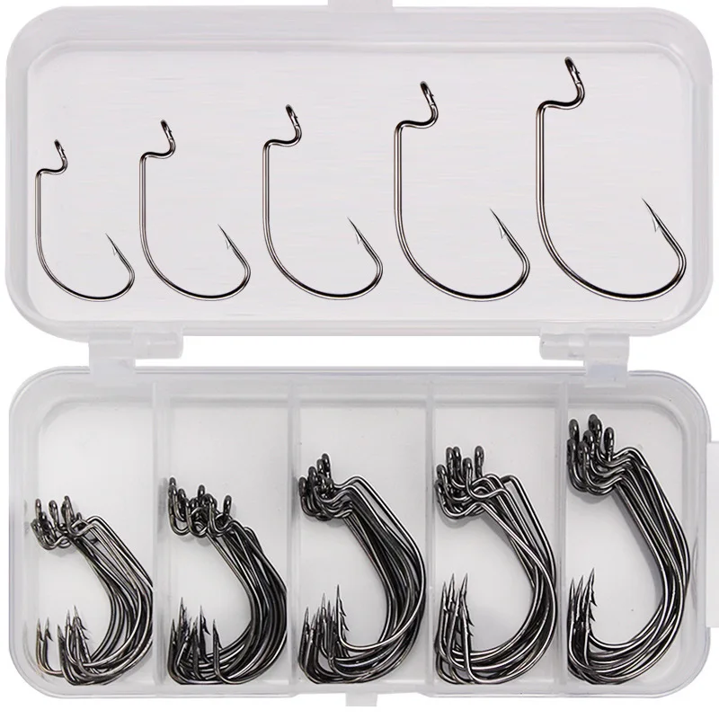 

50pcs Soft Worm Lure Offset Fishing Hook Carbon Steel Wide Crank Fishhook