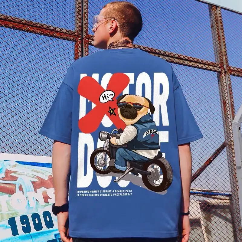 

2022 Summer Casual Loose Oversized T-shirt Men European Trendy Brand Riding A Motorcycle Dog Print O-neck Short-sleeved T-shirt