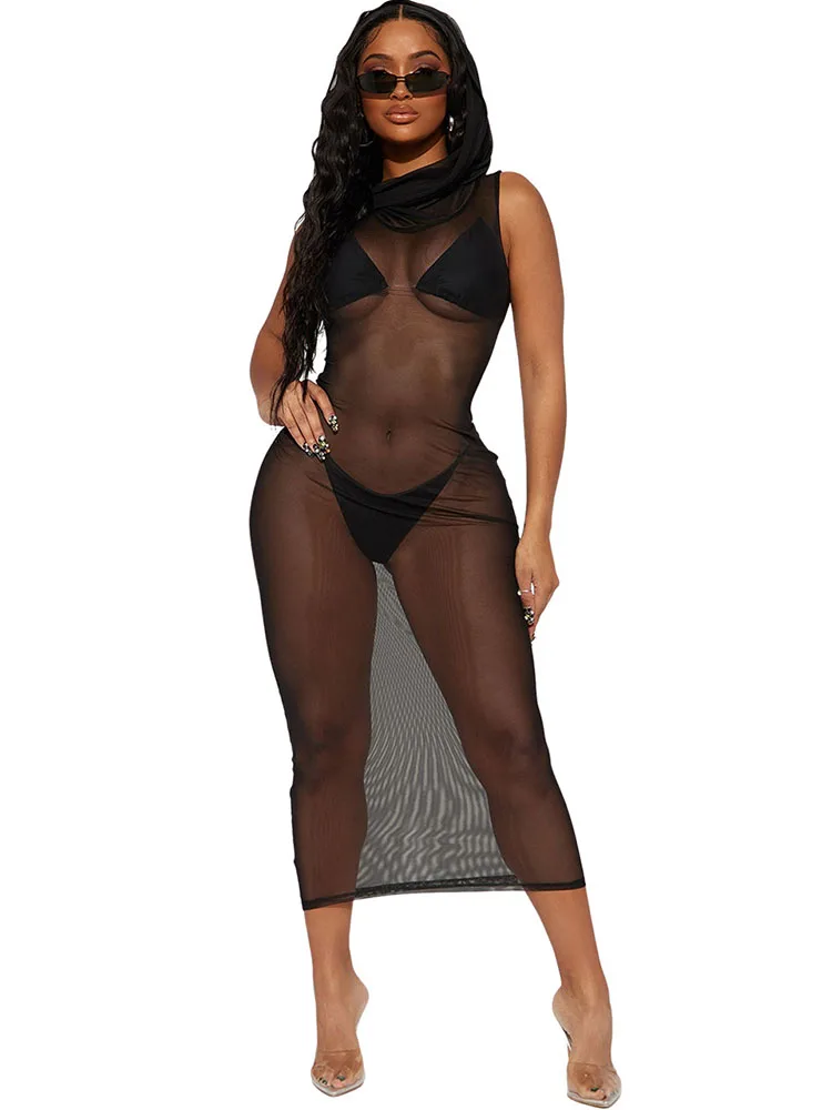 

Sexy Mesh Party Prom Beach Hooded Dresses See Through Night Club Outfits Wedding Evening Gowns Bodycon Clubwear Long Maxi Dress