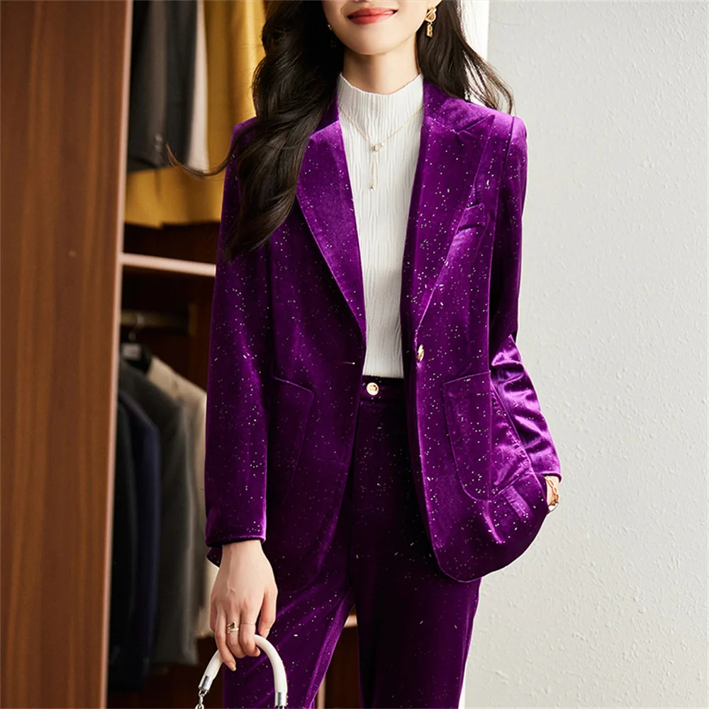 Velvet Women Pant Sets 2023 New in Casual Blazer Jacket with Trouser Suit Elegant Office Lady Business Formal 2 Piece Set