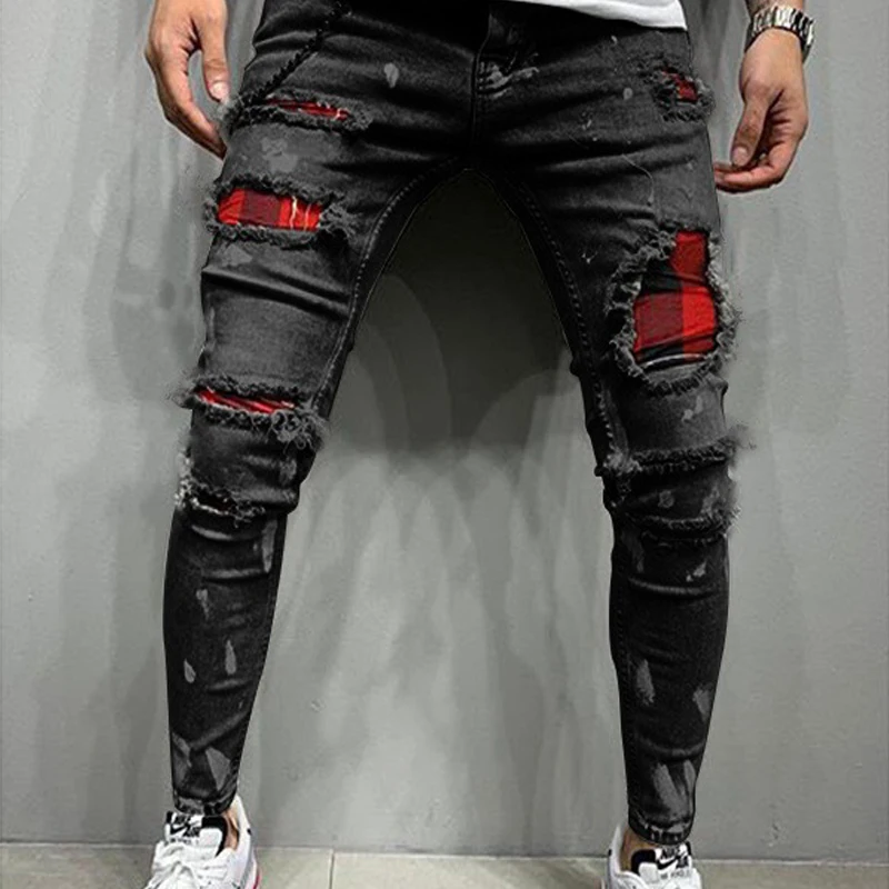 Men Pure Color Grid Jeans Gray Patchwork Grid Jeans Men Designer Hip Hop Pants Slim Fit Elastic Hip-hop Style Pencil Pants