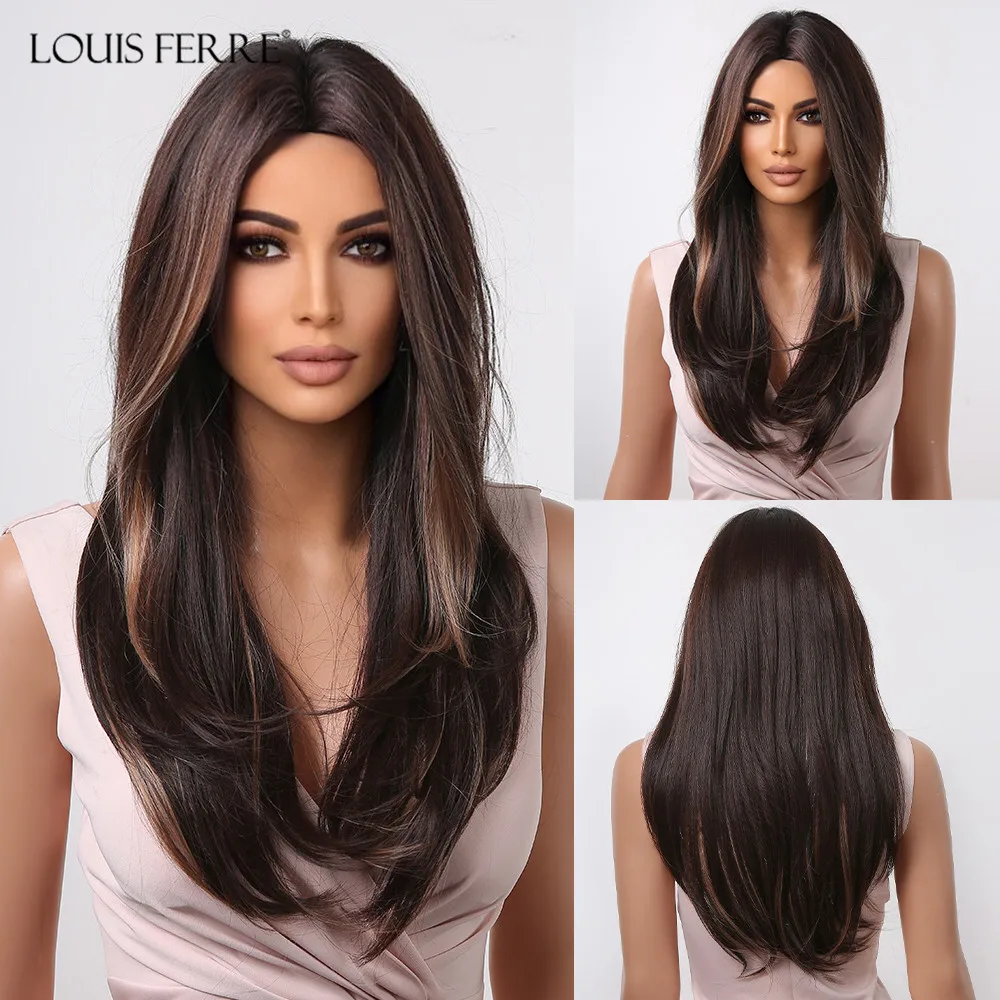 Длинный коричневый прямой синтетический парик LOUIS FERRE темно-коричневый цвет