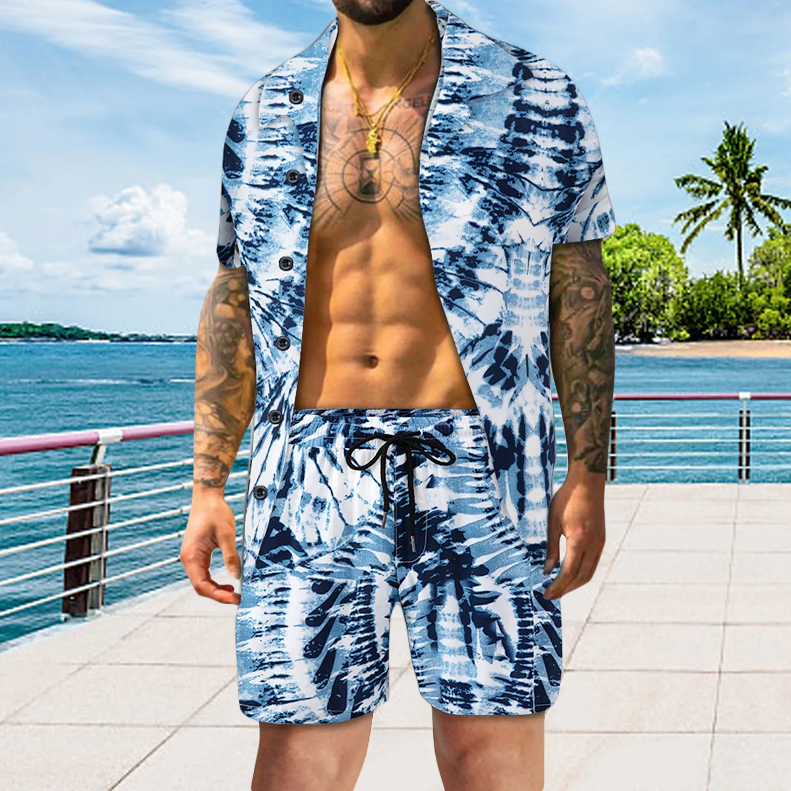 

Summer Fashion Men Sets Printed Short Sleeve 2022 Lapel Shirt Casual Shorts Beach Men Hawaiian Suit 2 Pieces Streetwear