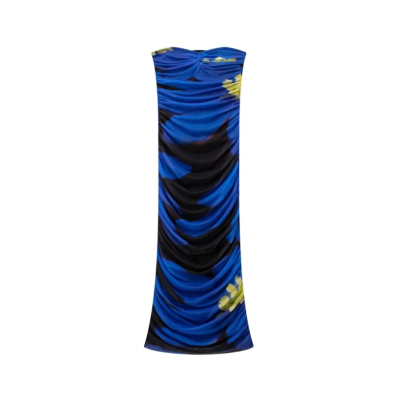 

Новинка лета 2023, женская одежда, Тюлевое платье-топ в стиле ретро с принтом, сексуальное облегающее модное плиссированное платье без рукавов с открытыми плечами