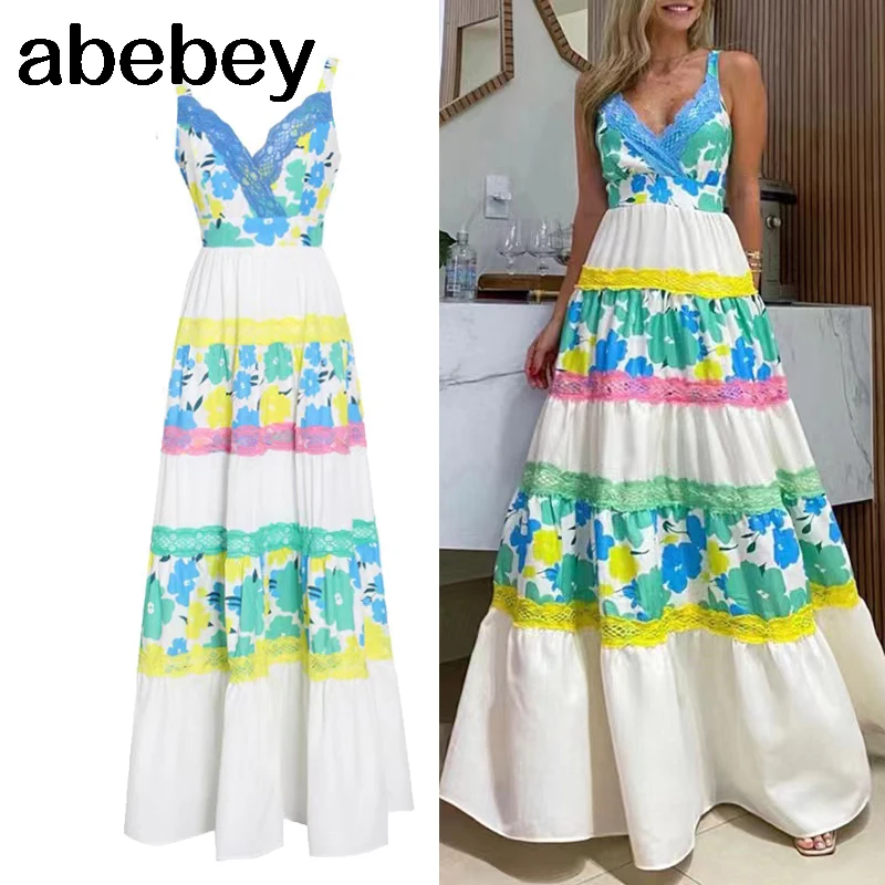 

Desinger Fashion Lace Patchwork V Neck Summer Bohemian Maxi Long Dresses Hit Color Block A Line Floral Haut Largo Robes