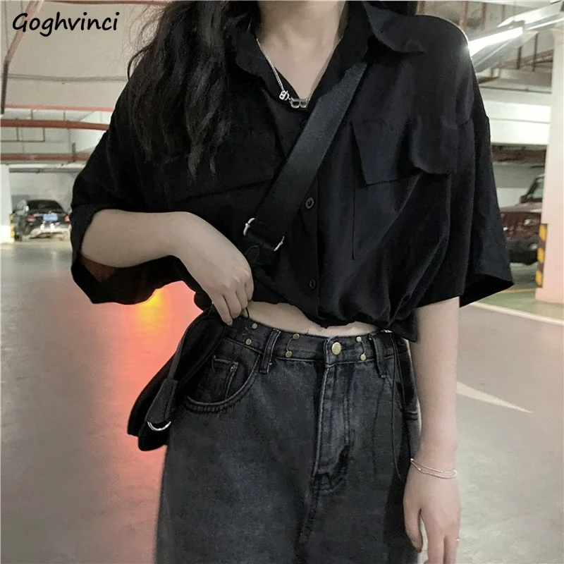 

Black Shirts Women Shirring Cropped Thin Summer Fashion Cool Ins Streetwear Design Sexy Teens Ulzzang Mujer Young Рубашки Cozy
