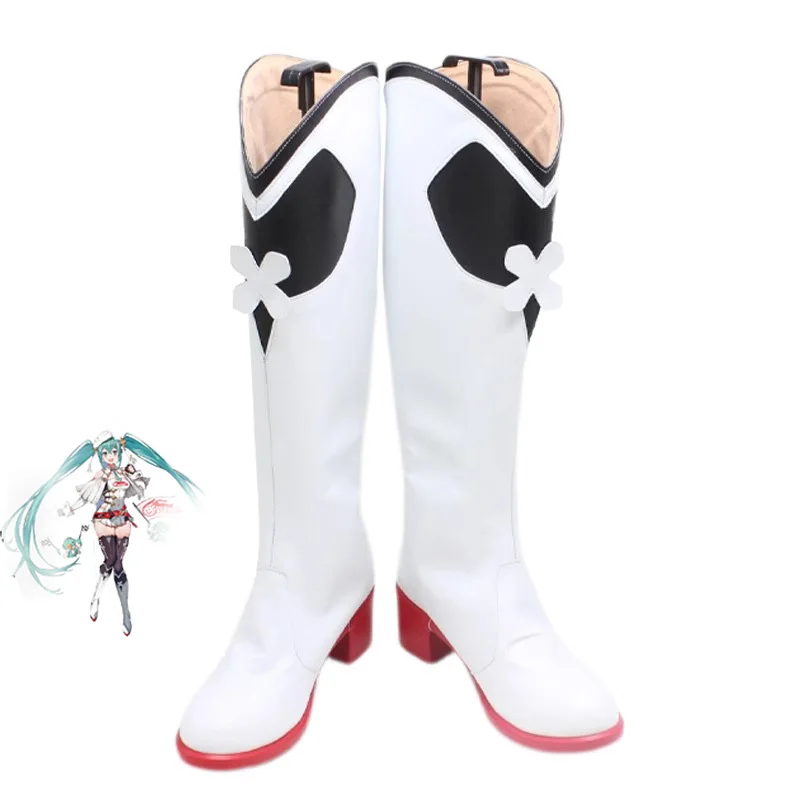 

Anime Racing Miku Cosplay Shoes White Leather Long Boots Shoes For Women Fashion Knee High Boots Halloween Carnival Party Shoes