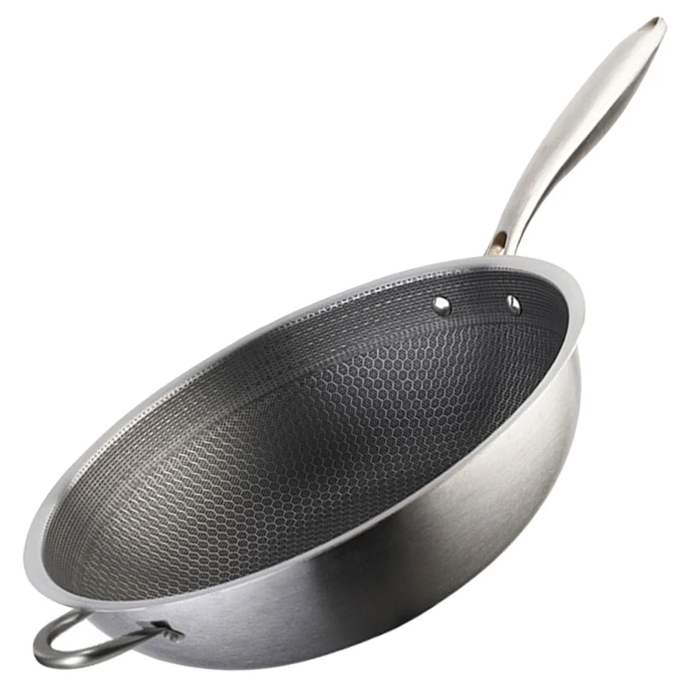 

Stainless Steel Wok Honeycomb Grain Frying Pan Double Handle Traditional Pan