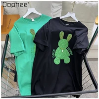 oversize heavy industry beads rabbit cartoon embroidered letters loose short sleeve t shirt top women 2022 summer new black tee
