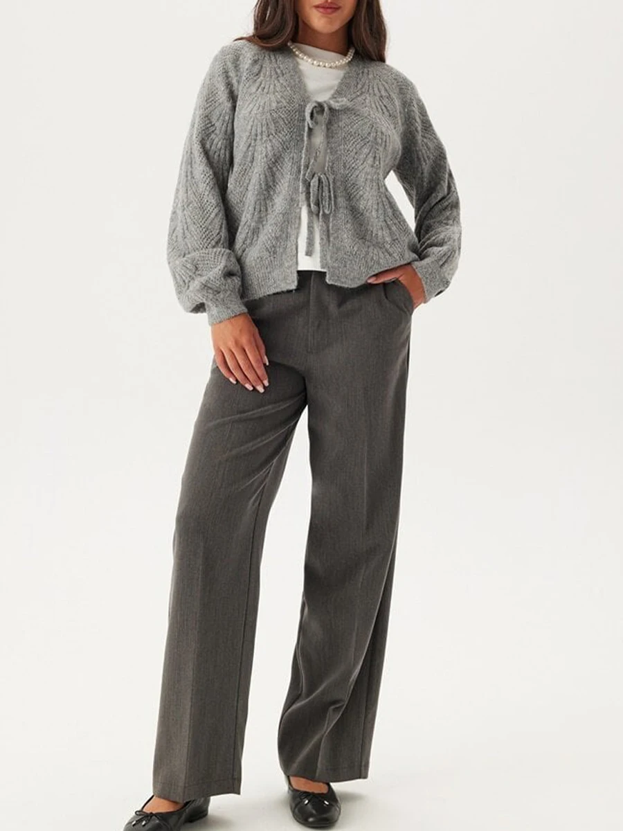 Женский вязаный свитер с длинным рукавом и V-образным вырезом галстуком-бабочкой