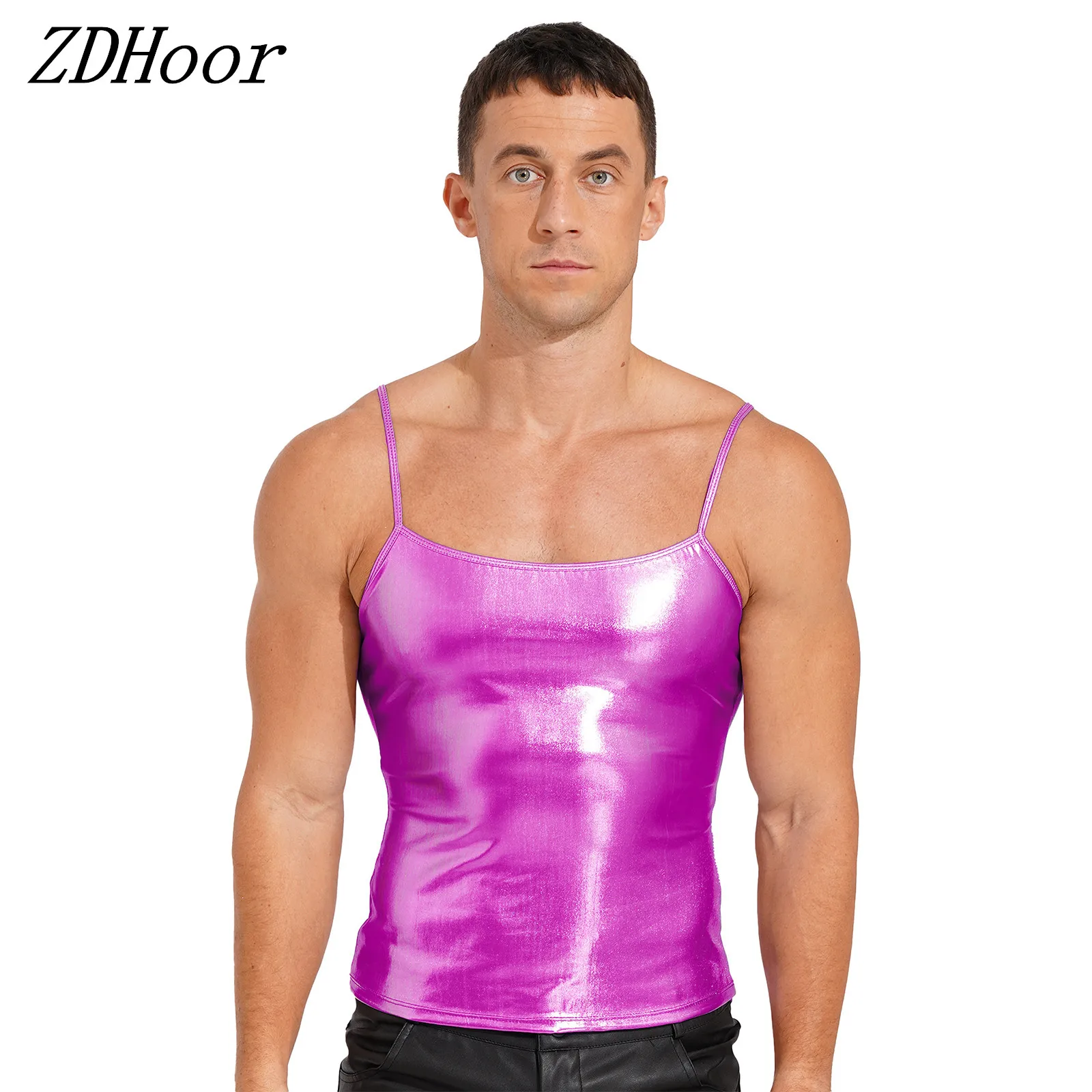 

Mens Shiny Patent Leather Spaghetti Straps Vest Top Sleeveless Metallic Yoga Dance Hip Hop Costume Performance Camisole