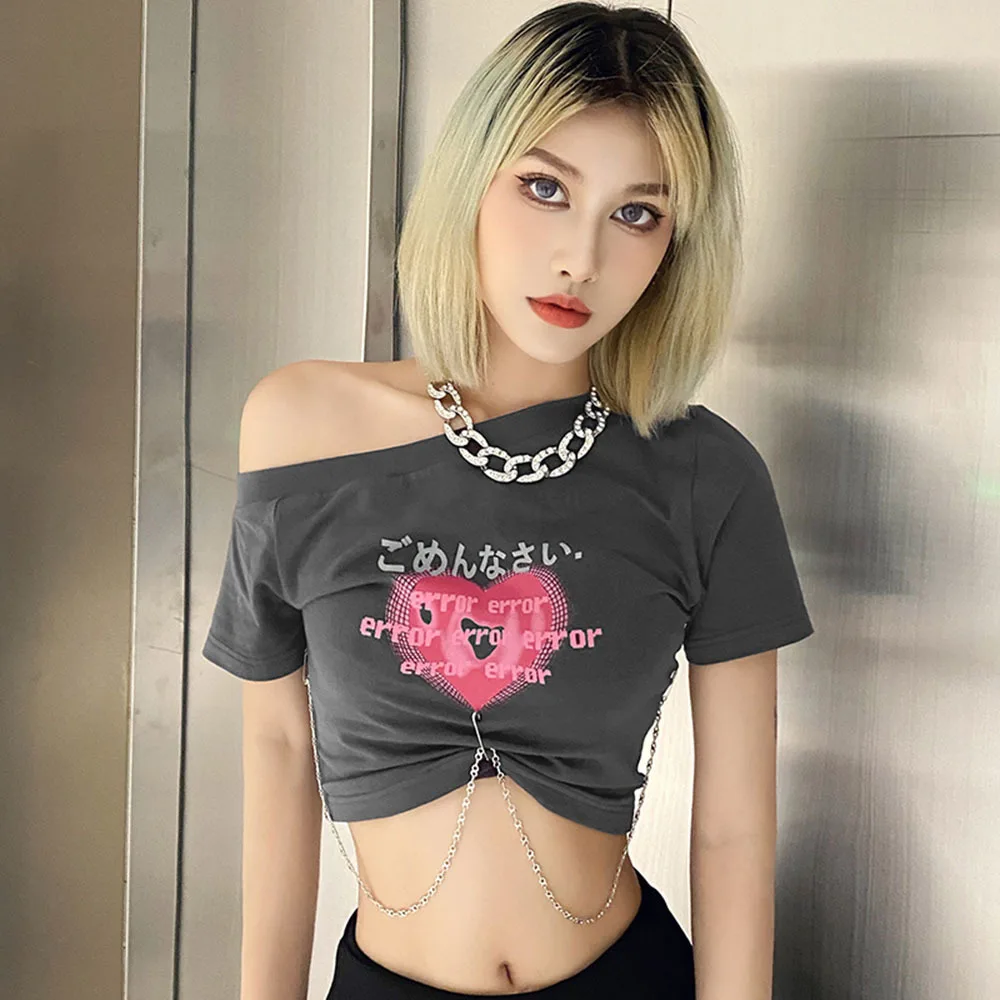 

Летняя футболка с надписью Love, принт со складками, необычные футболки с открытыми плечами, асимметричный кроп-топ с цепочкой и украшением, м...