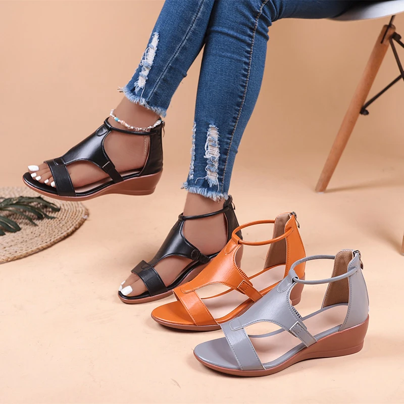 

Womens Shoes Comfort Summer 2022 Plus Size 43 Ladies Sandals Heel Zipper Retro Wedge Sandals Woman Soft Bottom Beach Muje