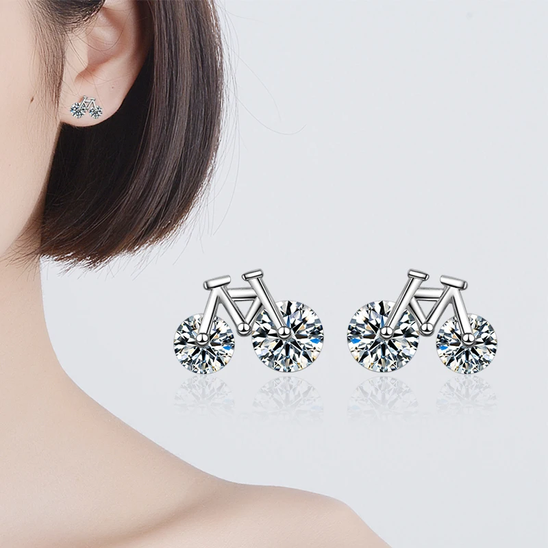 

S925 Silver Earring Crystal Bicycle Bike Stud Earring For Women Gift Lady Girl Fashion AAA Zircon Jewelry