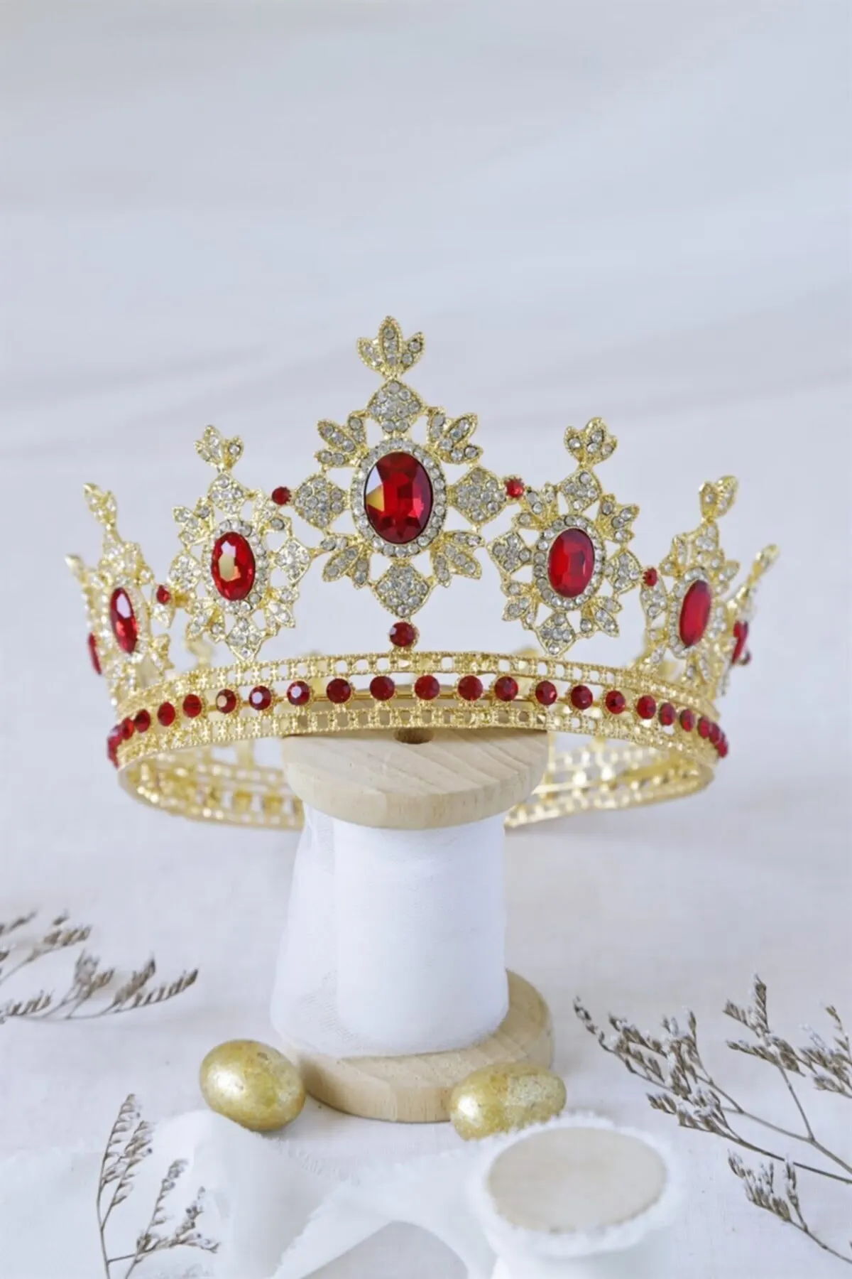 

Bridal Accessories Red Stone Gold Plated Crown Wedding Handmade For Bride And Bridesmaids